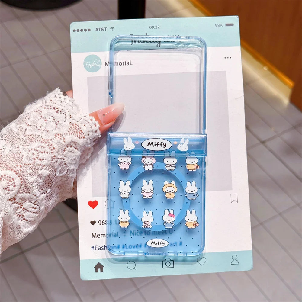 Cute polka dots Miffy Clear Folding Phone Case For Samsung Z Flip 8 7 6 5 4 3 flower Cartoon Miffy protect Cover Wrist Strap﻿﻿﻿﻿