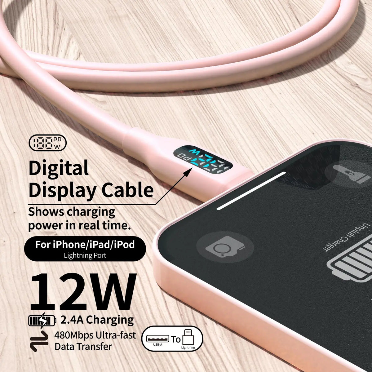 MFI Certif USB A TO Lightning Charging Data Cable Macaron Pink Soft Silicone with LED Digital Display for iPhone 14-8 Series