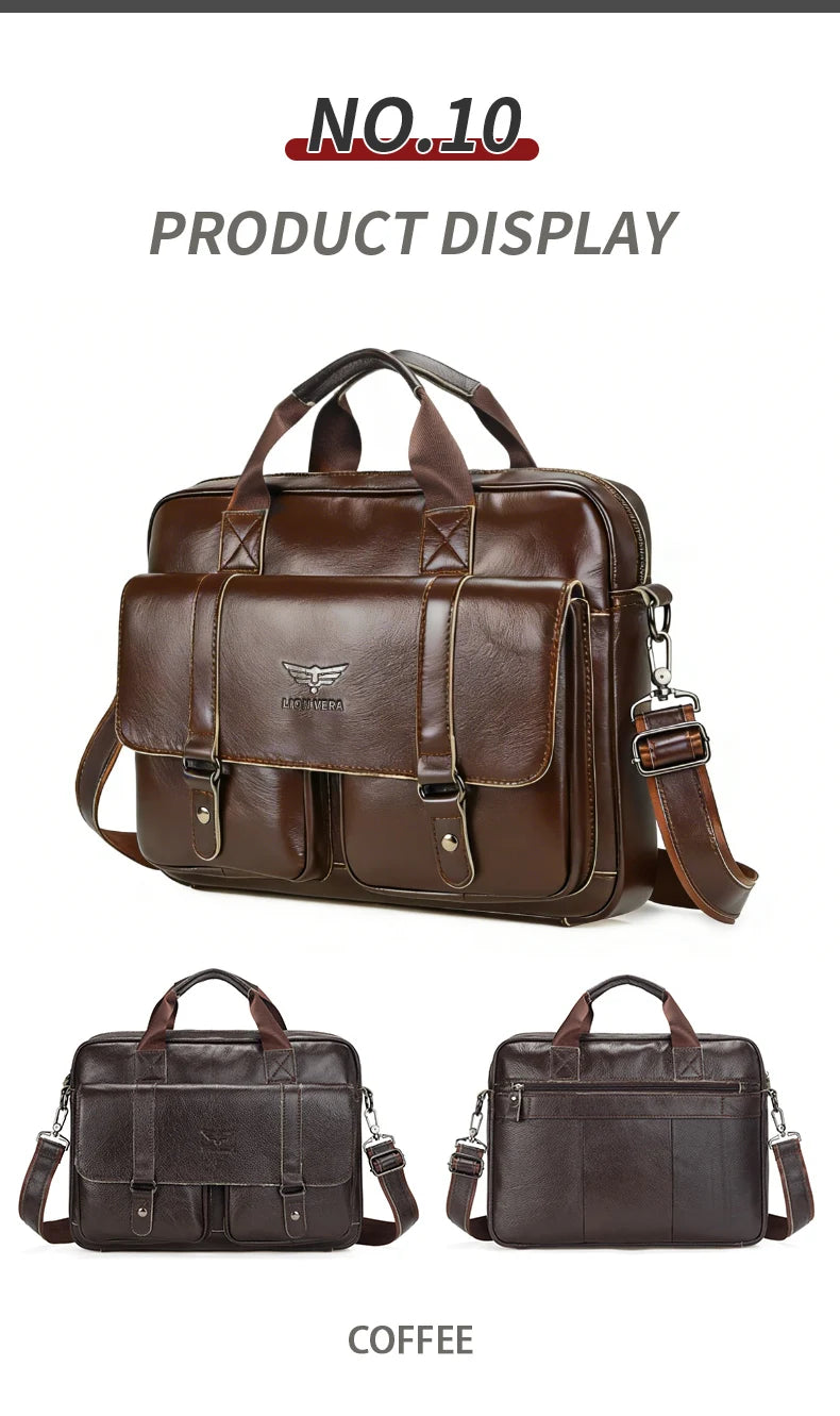 LION VERA Men's Genuine Leather Briefcase Business Casual Commuting Bag Portable Crossbody Shoulder Bag 15.7-inch Laptop Bag