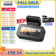 【New】70mai Dash Cam A900 Dual 4K Dual HDR f/1.55 Aperture Supercapacitor Wi-Fi 6 GPS Max 512GB 4G LTE Cloud Car DVR 70mai A900