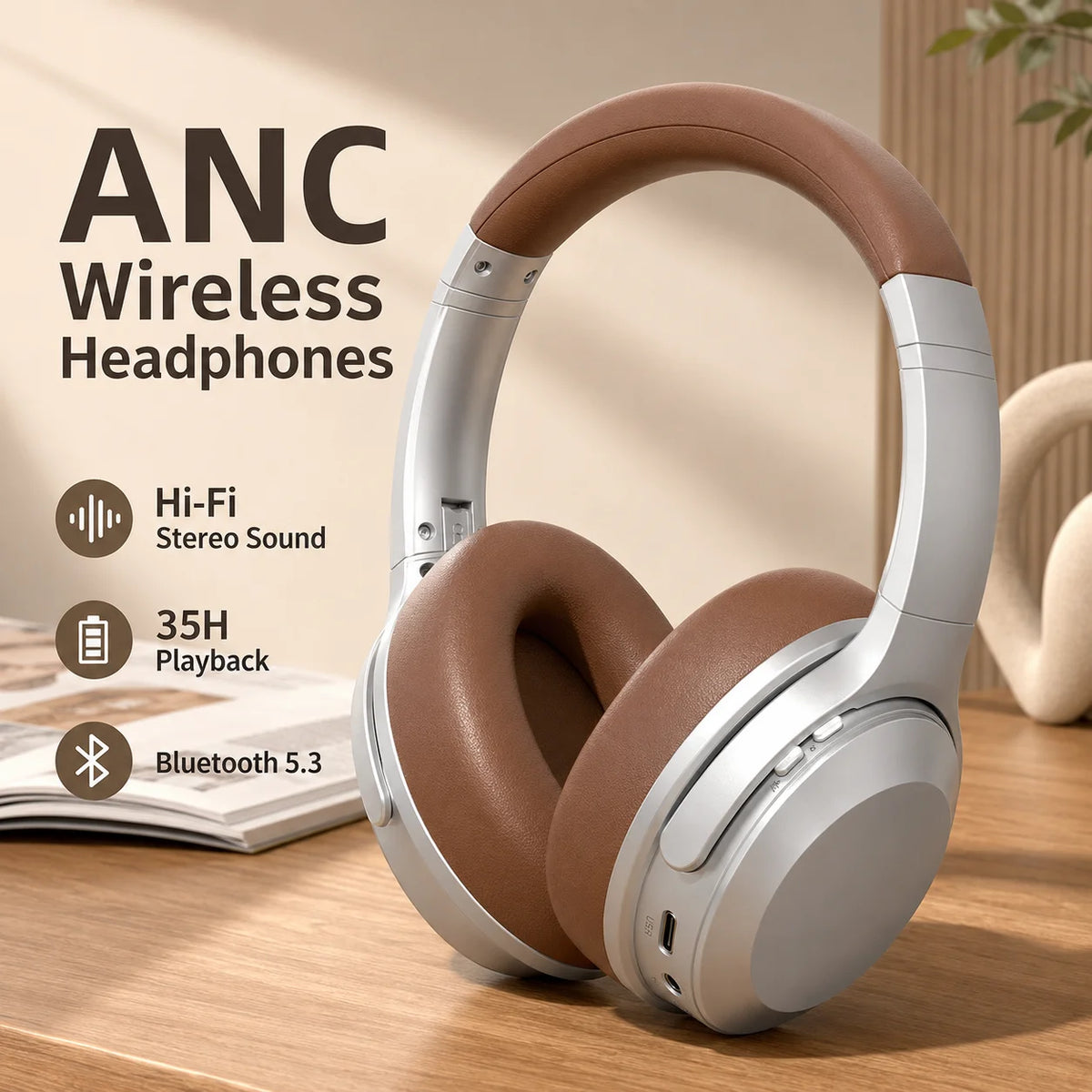 ANC Headphones Bluetooth 5.3 Over Ear Earphones Wireless Hi-Fi Stereo Headset with Mic 35H Playtime Type-C AUX Foldable Design