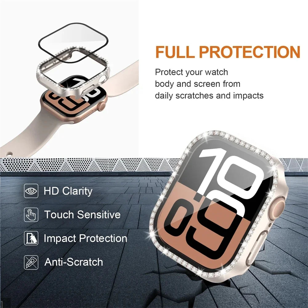 Diamond Bands+cover for apple watch case series 10 42mm 46mm 41/45mm bracelet+Screen Protector+Bumper iWatch 9 8 7 6 5 4 40/44mm