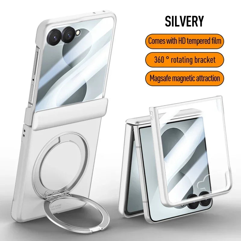 Magnetic Wireless Charging Matte Case For Samsung Galaxy Z Flip 8 7 With Rotating Bracket Hinge Tempered Film Shockproof Cover