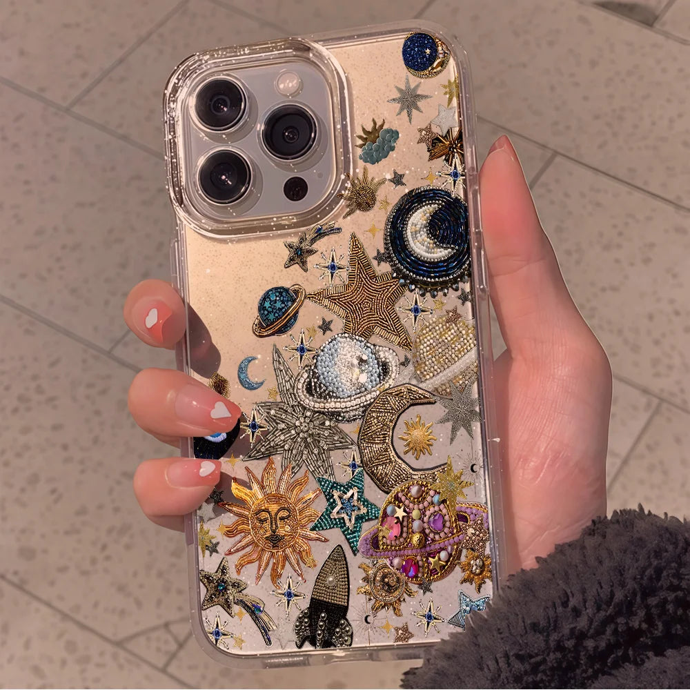 Luxury Stars Moon Clear Glitter Phone Case For iPhone 17 13 16 15 11 12 14 Pro Max 17 Air XR X 16e Case Soft Shockproof Cover