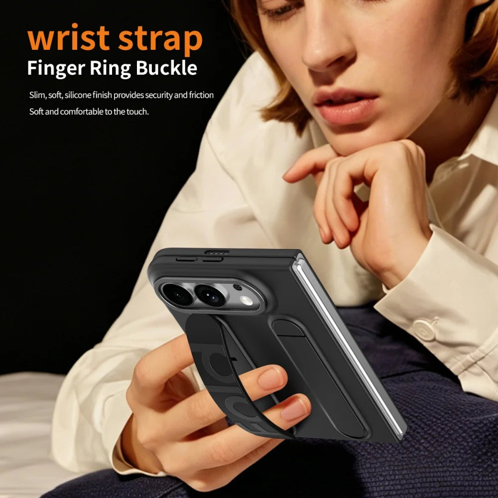 For iPhone Duo Cases Luxury Wristband Folding Bracket Case for iPhone Duo 2026 Fold Wrist Strap Built-in Screen Protector Cover