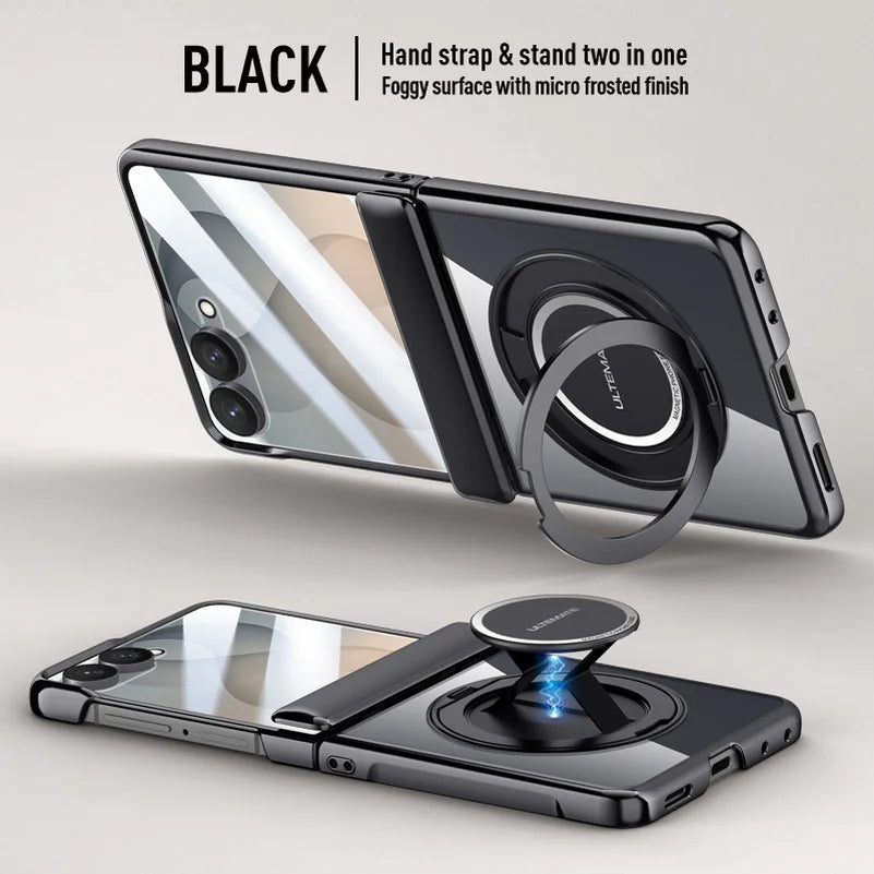 Premium Transparent Magnetic Snap-back Wristband Phone Case For Samsung Galaxy Z Flip 8 With Glass Screen Hinge Protection Cover