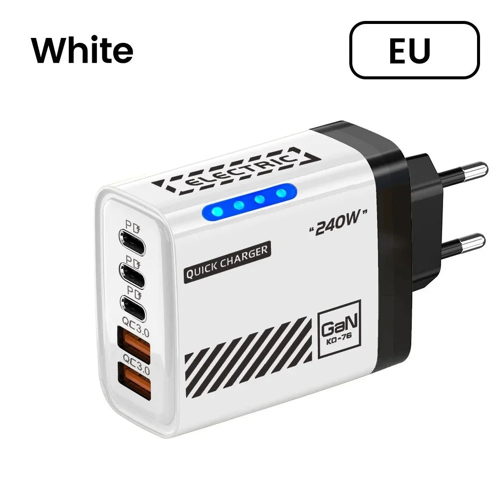 5 Port GaN USB C Charger 240W PD Fast Charging Adapter For iPhone 17 16 15 Pro Samsung Xiaomi Huawei Laptop Desktop PD Charger