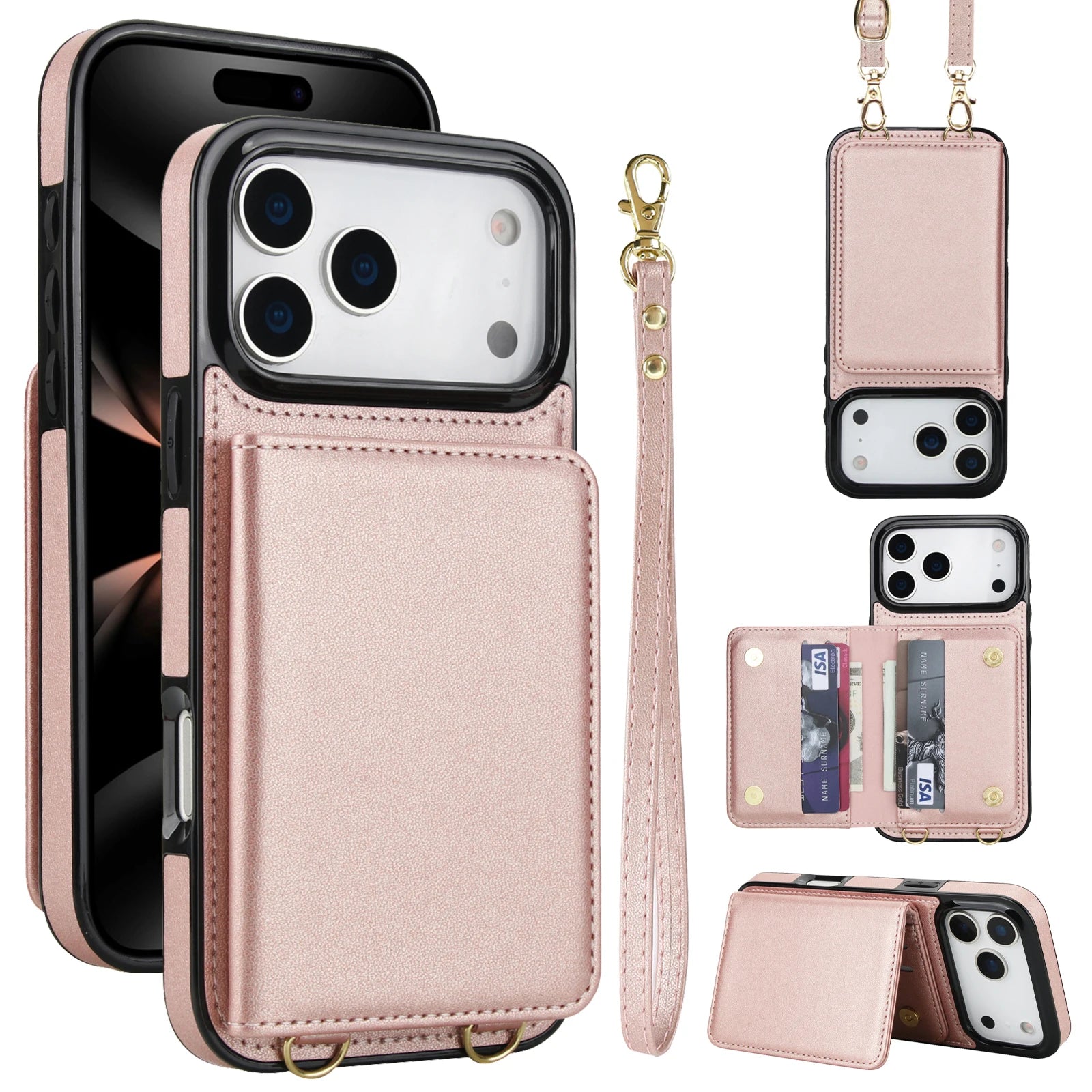 Crossbody Card Holder Wallet Leather Case For iPhone 17 Pro Max 16 Plus 15 Plus 14 13 12 11 Strap Pocket kickstand RFID Cover