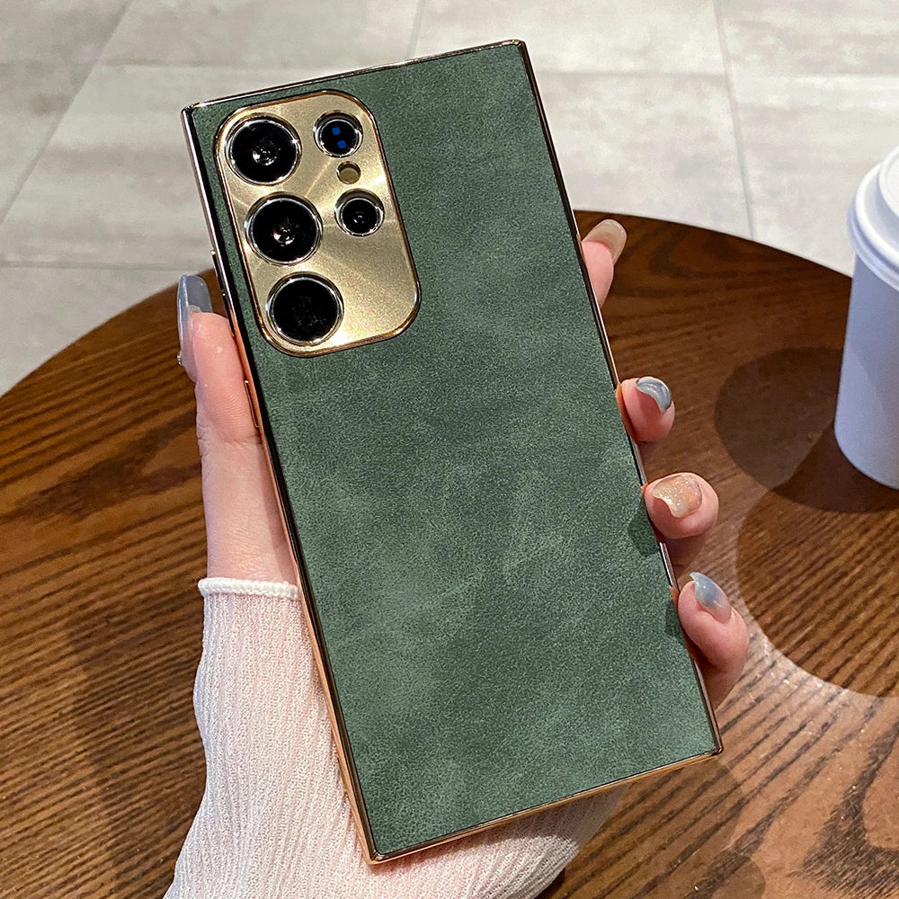 Luxury Plating Matte Suede Leather Case For Samsung Galaxy S26 S25 S24 Ultra S23 S22 Plus Camera Protection Shockproof Cover