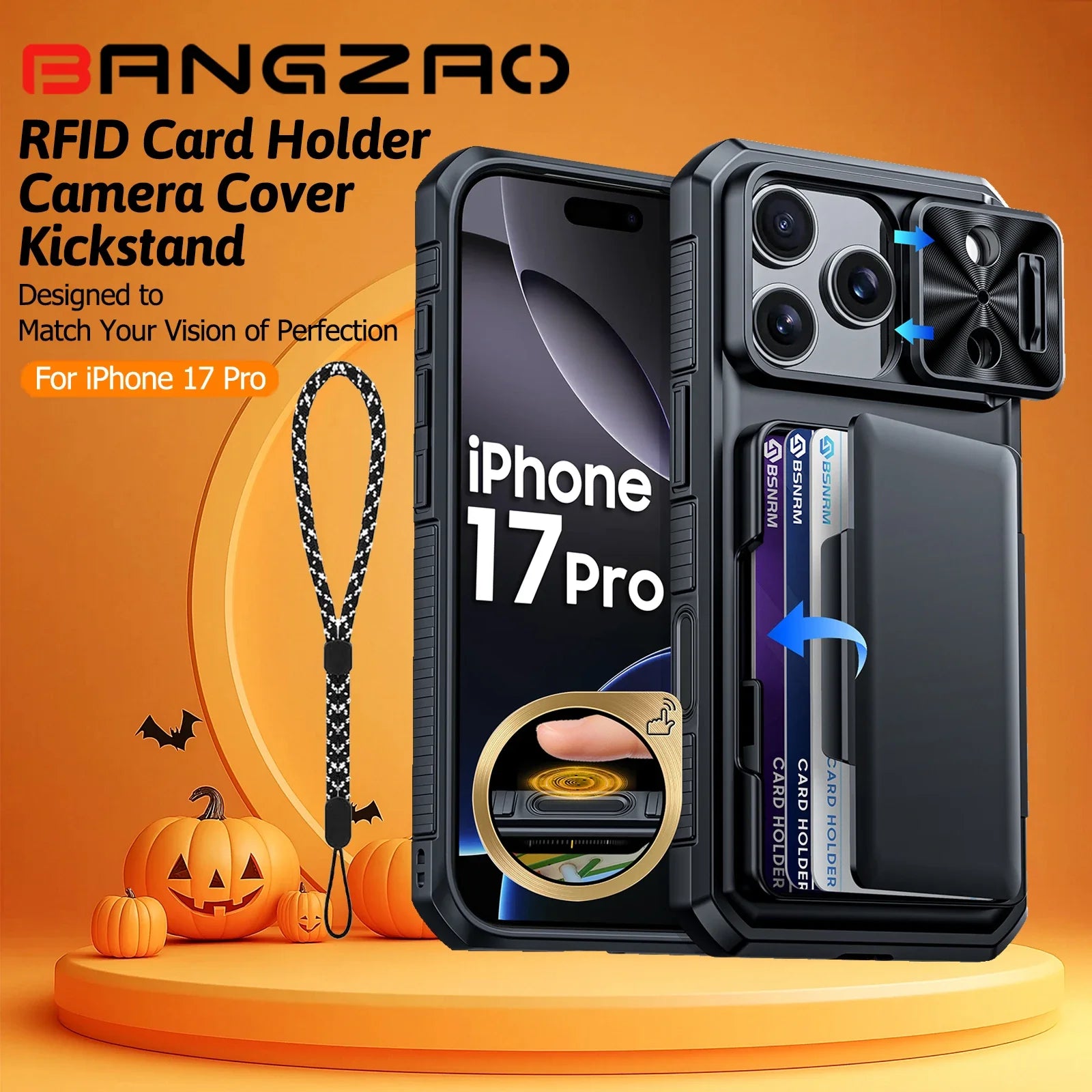 Halloween Gifts With Card Holder Sliding Camera Cover And Stand For iPhone 17 Pro Case,Anti-Fall PC+TPU Wallet Case-Black