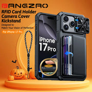 Halloween Gifts With Card Holder Sliding Camera Cover And Stand For iPhone 17 Pro Case,Anti-Fall PC+TPU Wallet Case-Black
