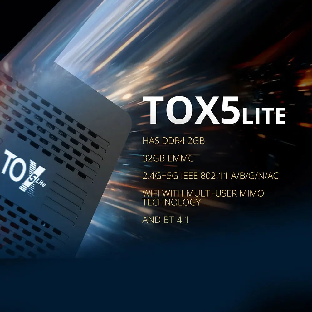 TOX5 Lite Android 14 2GB 32GB Smart TV Box with S905X5M Dual Wifi 1000M LAN BT4.1 Support H.265 4K 60fps DLNA Media Player