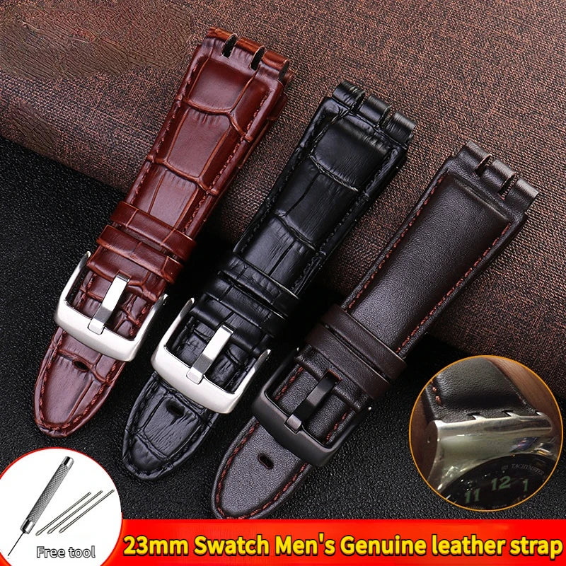 For SWATCH Bracelet YOS440 449 401G 447 448 23mm Genuine Leather + Silicone Watchband Men Black brown Steel Clasp Watch Strap