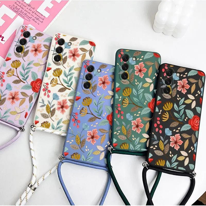 Five Petals Flower Crossbody Lanyard Silicone Phone Case For Samsung Galaxy S23 S23 Plus S23 FE S23 Ultra S22 S21 S20 Plus Cover