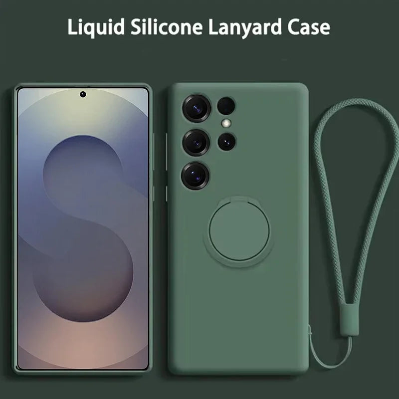 Liquid Silicone Ring Phone Holder Case For Samsung Galaxy S25 Ultra S24 S23 S22 S21 FE Note 20 Plus Edge Cover With Wrist Strap