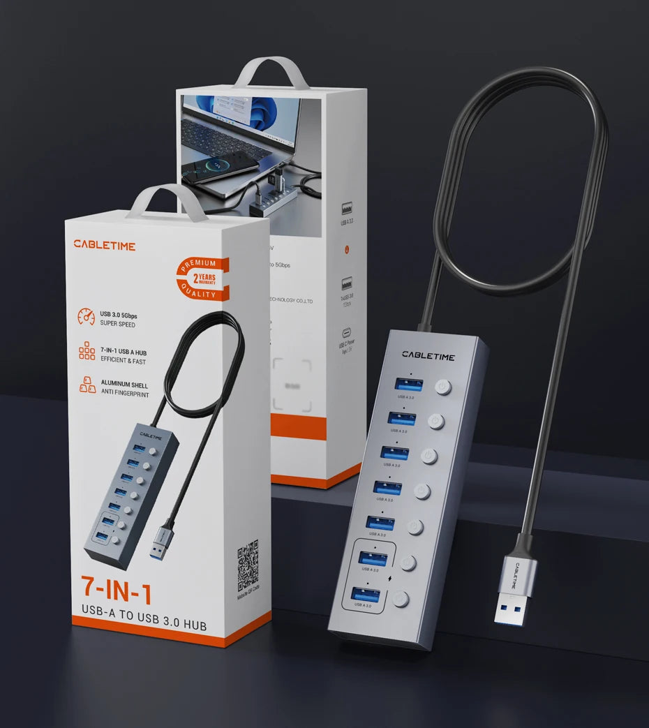 CABLETIME USB 3.0 HUB 5Gbps Dock Station 7-Port USB3.0 Splitter with Individual OFF/ON Switch for PC Laptop USB Ports Extender