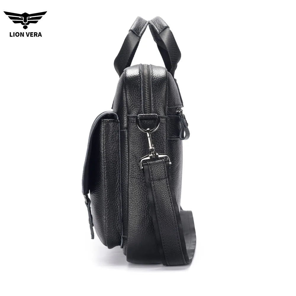 LION VERA Men's Genuine Leather Briefcase Business Casual Commuting Bag Portable Crossbody Shoulder Bag 15.7-inch Laptop Bag