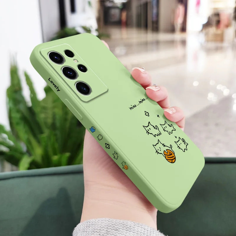 Cute Line Cat Phone Case For Samsung Galaxy S25 S24 S23 S22 S21 S20 S10 S10E Ultra Plus FE Note 20 Ultra 10 Plus Cover