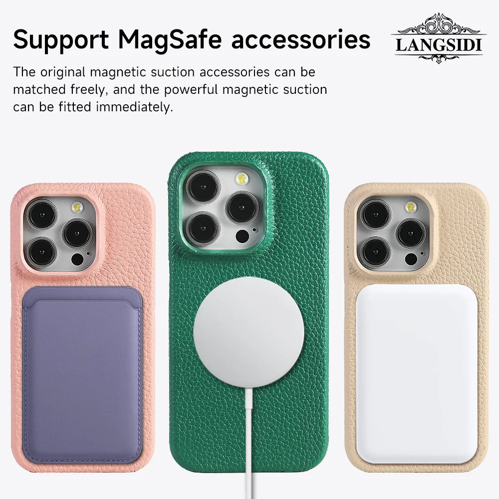 LANGSIDI Natural Cowhide Leather for Magsafe Case for iPhone 16 15 Pro Max Promax 15Pro 16Pro Luxury Magnetic Phone Back Cover