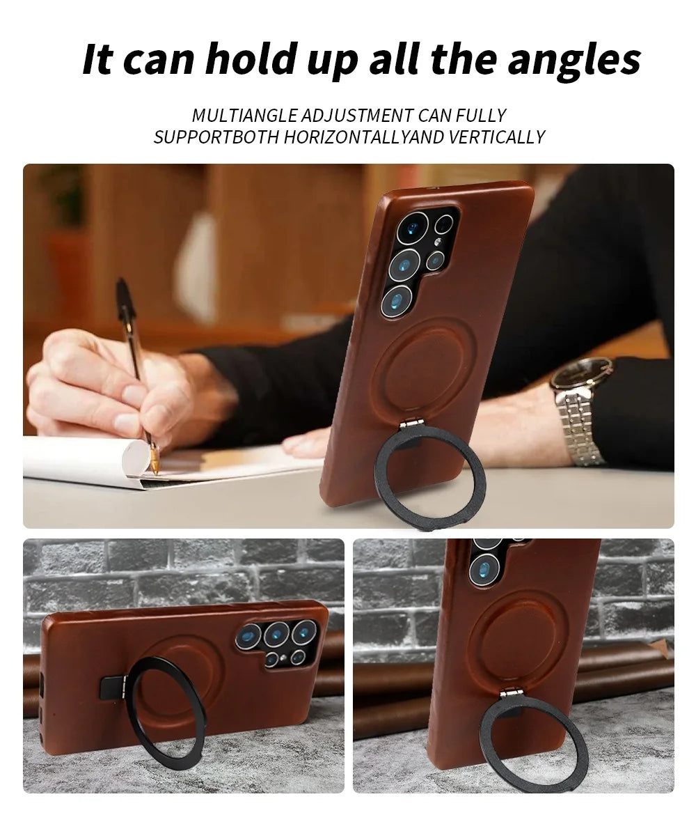 Luxury Magnetic Ring Genuine Leather Case For Samsung Galaxy S25 Ultra S24 S25edg S23 S22 S21 S20 S23 Stand Bracket Phone Cases