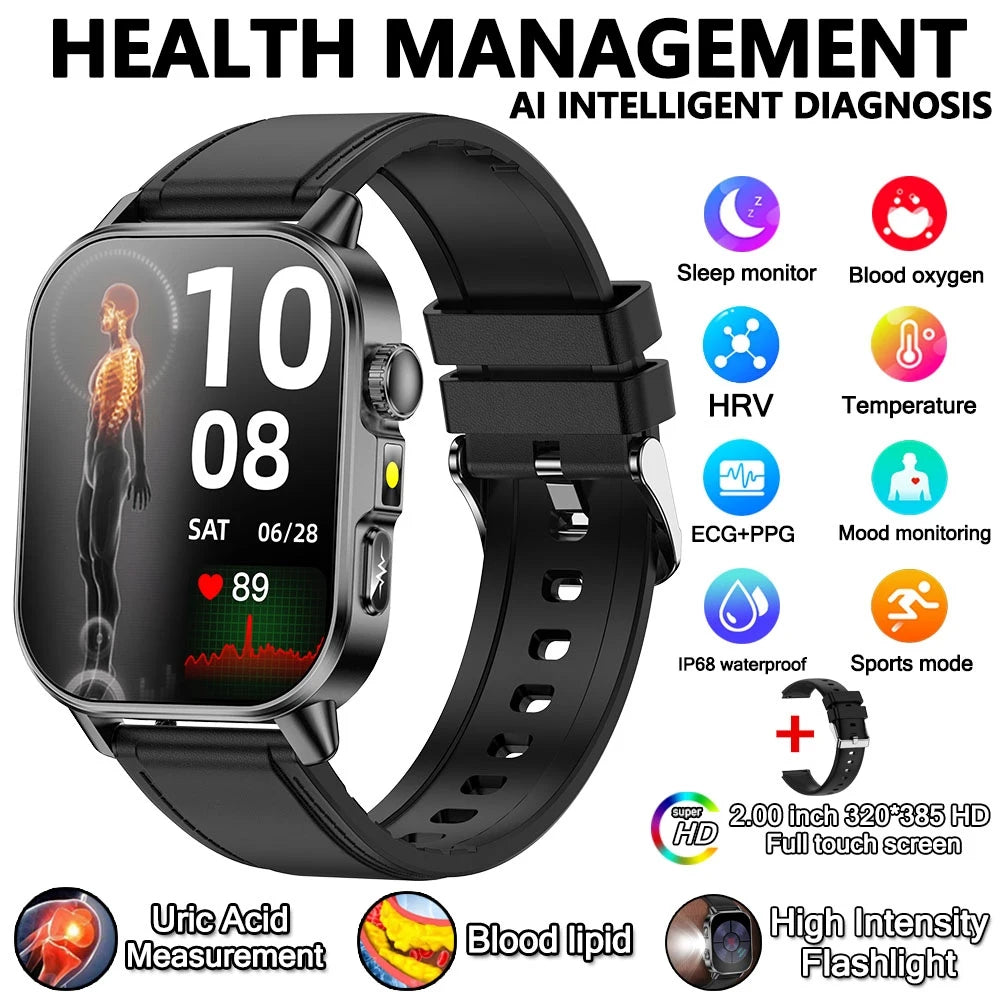 2026 New Model Uric Acid & Lipid Health Analysis Smart Watch Men ECG+PPG Bluetooth Call 2.01-inch Flashlight Smartwatch Women