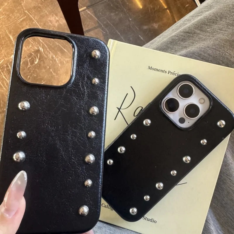 Personality Advanced Silver Round Rivet Solid Color Leather Shock Proof Phone Cover for iPhone 17Pro Max 16 15 14 13 Pro Max Cas