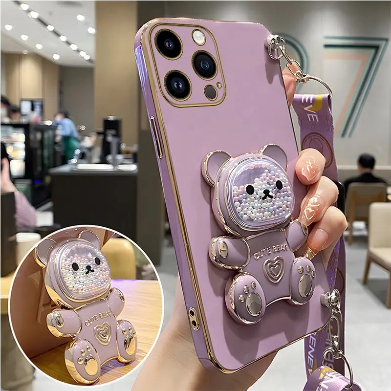 Quicksand Bear Holder Lanyard Phone Case For iPhone 14 11 12 13 Pro Max Mini 8 7 6 6S Plus 10 X Xr Xs Max SE Strap Stand Cover
