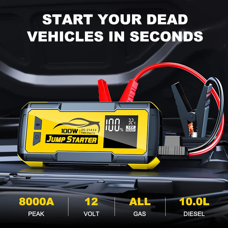 32000mAh 100W Car Emergency Battery Starter Jump Portable Power Bank Multi Function 8000A Ultra-Large Capacity Starting Device