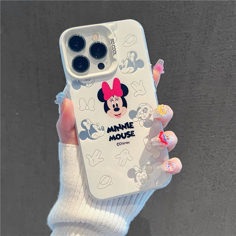 Disney Mickey Minnie Mouse Head Phone Case For IPhone 14 15 16 17 Pro Max Plus 12 13 Mini 16E Casing Hard IMD Silver Laser Cover