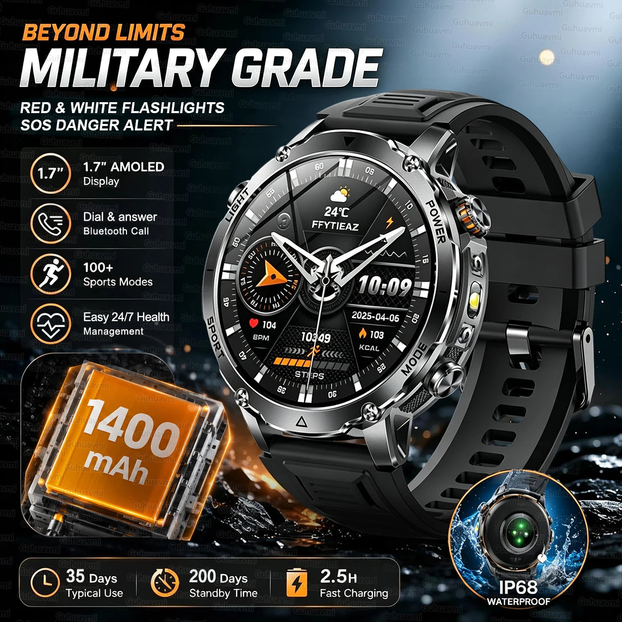 New 1400mAh Big Battery Smart Watch Men Outdoor GPS Flashlight IP68 Waterproof Bluetooth Call AMOLED Military Sports Smartwatch