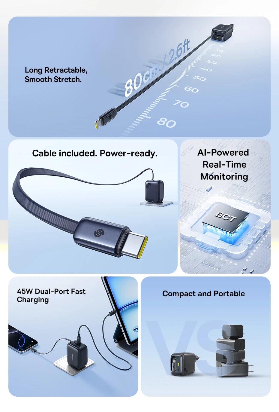 Baseus 67W 100W Fast Charger GaN Charger USB C Retractable Cable Phone Charger For iPhone Samsung Laptop Charger PD QC Charger