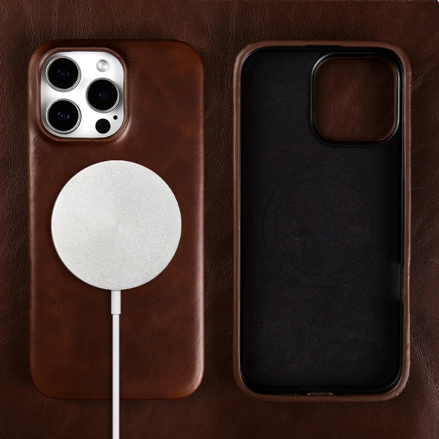 Vintage Full Wrapped Genuine Leather Case For Iphone 16 Pro Max 15 14 13 12 11 Business Oil Wax Magnetic Magsafe Phone Cover