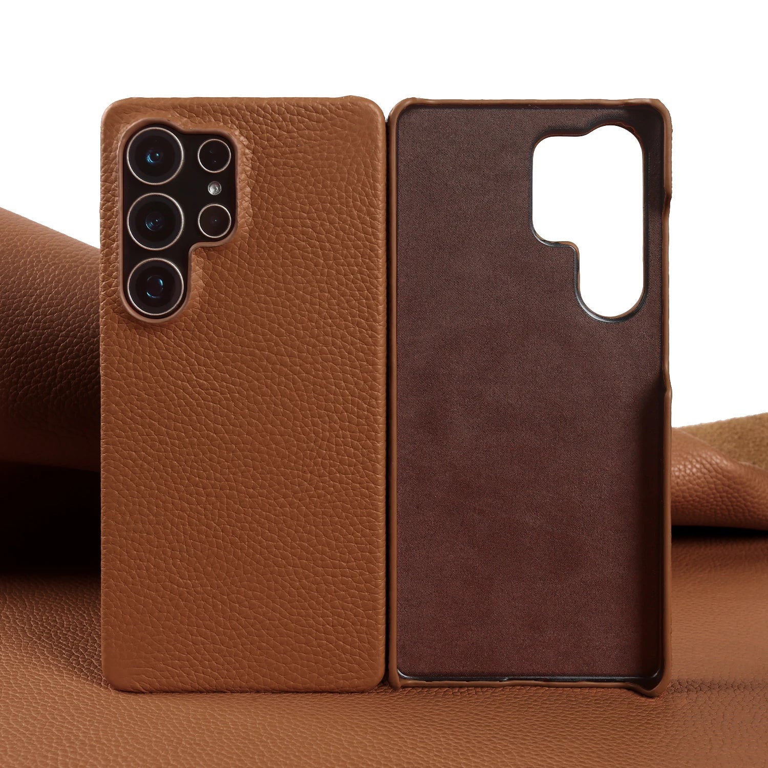 Lychee Grain Genuine Leather Case For Samsung Galaxy S25 Ultra S24 FE S23 Plus S22 S21 Ultra Phone Case Half Wrapped Back Cover