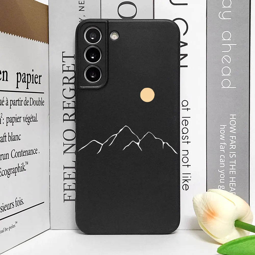 Simple Sun Moon Mountain Couples Painted Phone Case For Samsung Galaxy S23 S24 S25 Ultra S22 S21 S20 Plus FE A15 A54 A55 Cover