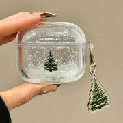 Snow Globe Christmas Tree Case for AirPods3/4/Pro, Soft Silicone Shockproof Cover with Keychain, Glitter Liquid Snowflake Design