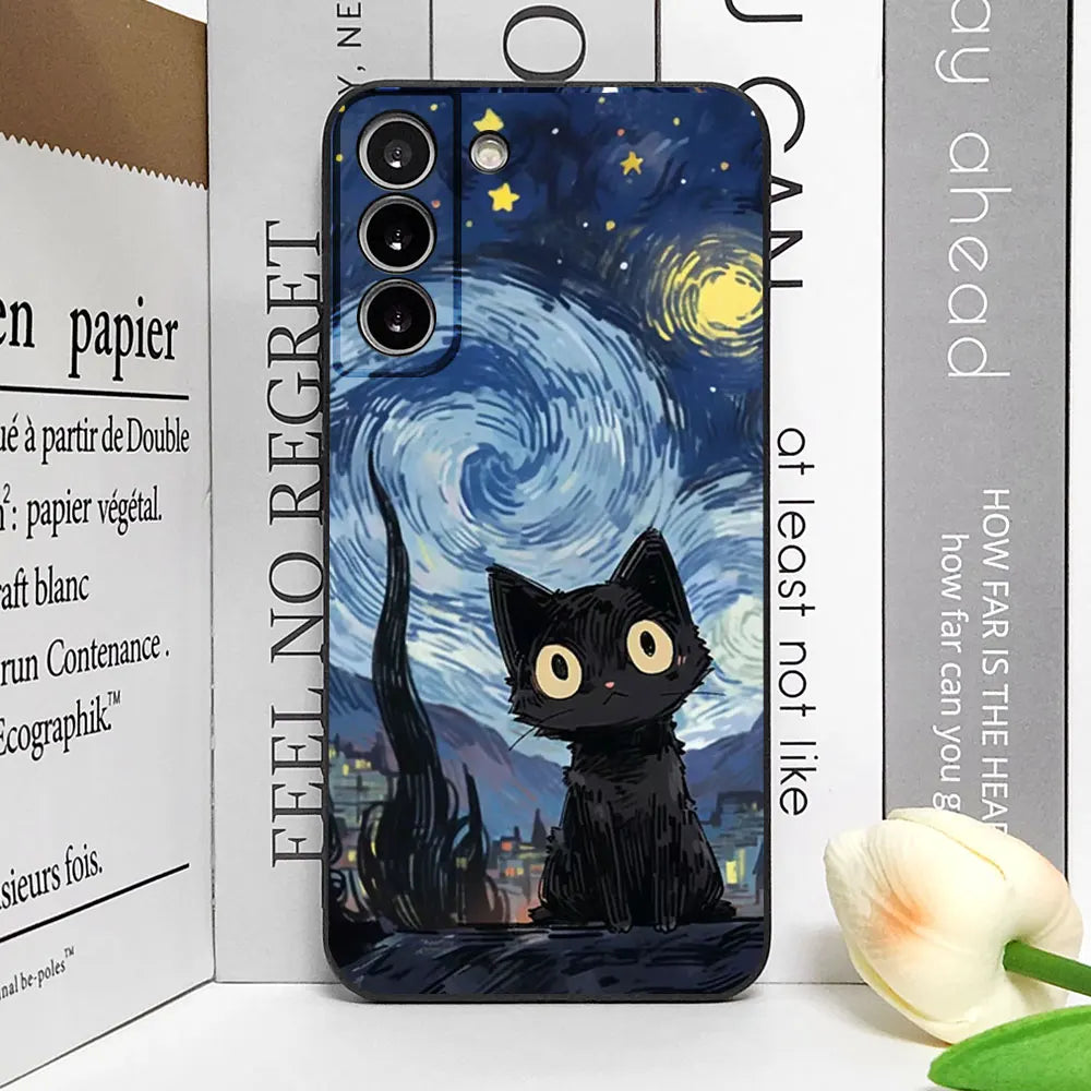 Artistic Black Cat Starry Night Soft TPU Phone Case For Samsung Galaxy S23 S24 S25 Ultra S22 S21 S20 Plus FE A15 A54 A55 Cover