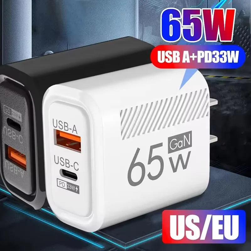 PD 65W GaN Charger USB C Fast Chargering Adapter For Samsung S23 S22 iPhone 15 14 Xiaomi Huawei LG Quick Charge 3.0 USB Charger