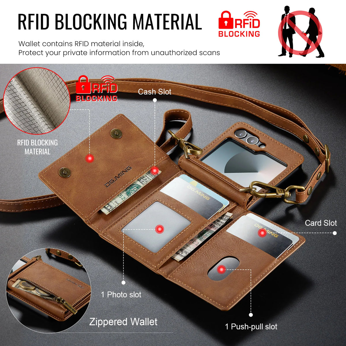 2 in 1 Luxury Leather Flip Phone Case For Samsung Galaxy Z Flip 8 7 6 5 4 3  Magnetic Wallet Card Solt Zipper Lanyard Cover ﻿