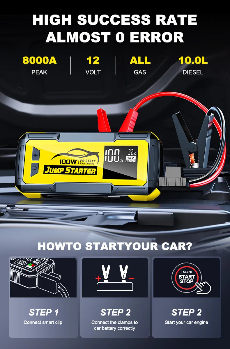 32000mAh 100W Car Emergency Battery Starter Jump Portable Power Bank Multi Function 8000A Ultra-Large Capacity Starting Device