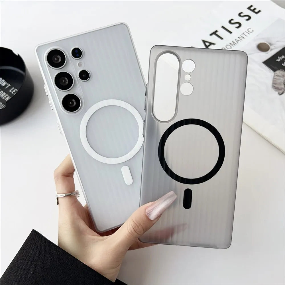 Matte Clear Corrugated Phone Case For Magsafe Samsung Galaxy S25 Ultra S24 S23 Plus Ultra Wireless Charging Magnetic Cover