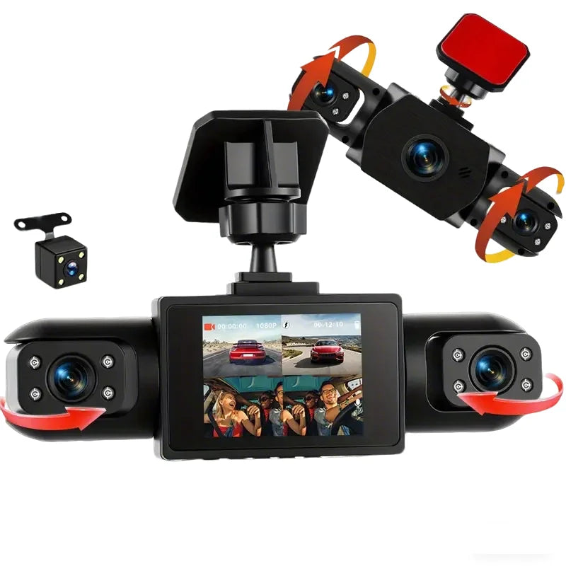 4-Channel 360° Panoramic Dash Cam, 4 Built-in Cameras, 2" IPS Display, Wide-Angle Night Vision, Loop Recording, 150mAh Battery