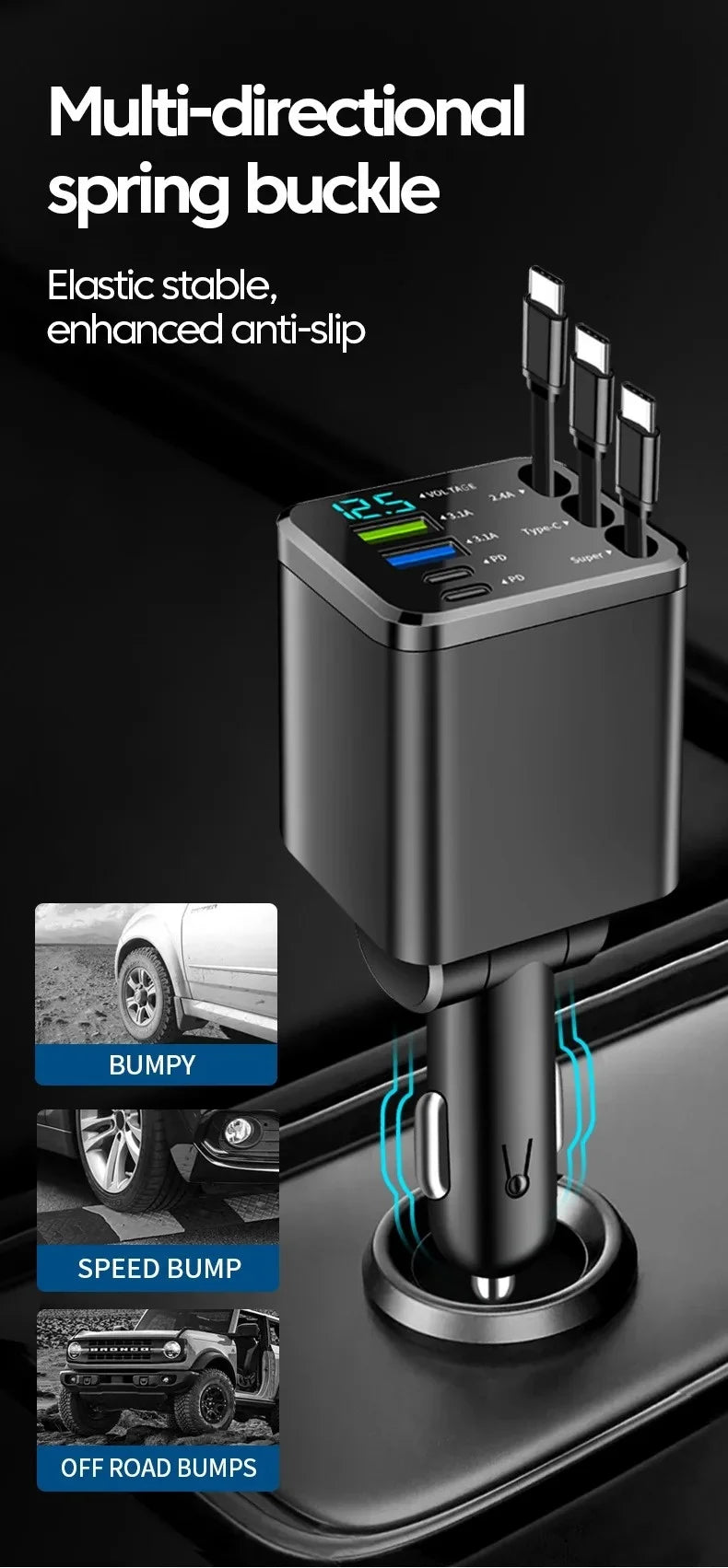 7 in 1 Car Charger Retractable USB C Cable Dual Type C Port Fast Charging Phone Adapter for iPhone Phone Car Cigarette Lighter