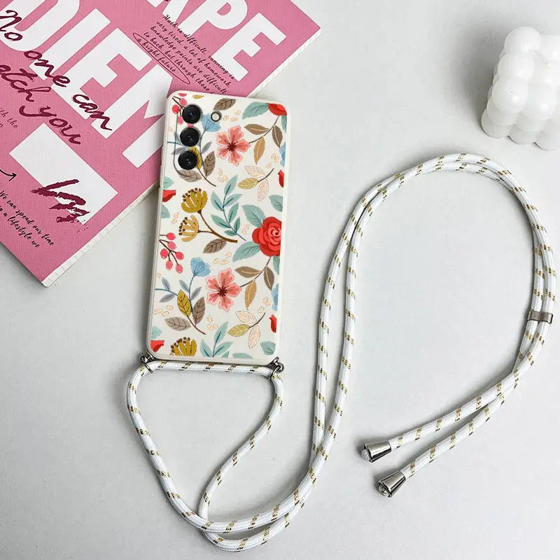 Five Petals Flower Crossbody Lanyard Silicone Phone Case For Samsung Galaxy S23 S23 Plus S23 FE S23 Ultra S22 S21 S20 Plus Cover