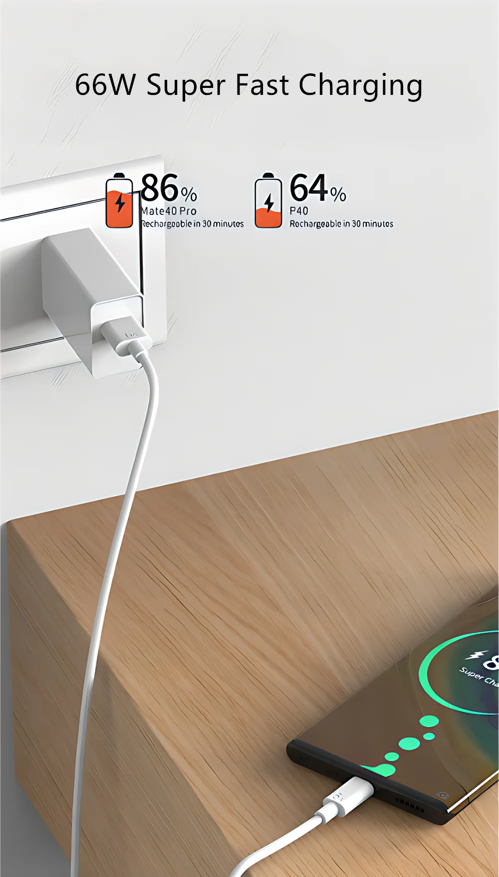 USB Fast Charger 66W Fast Charging QC3.0 EU/US Plug Wall Adapter 6A USB To Type C Cable For Huawei Mate 50 60 Nova 10 Honor 100
