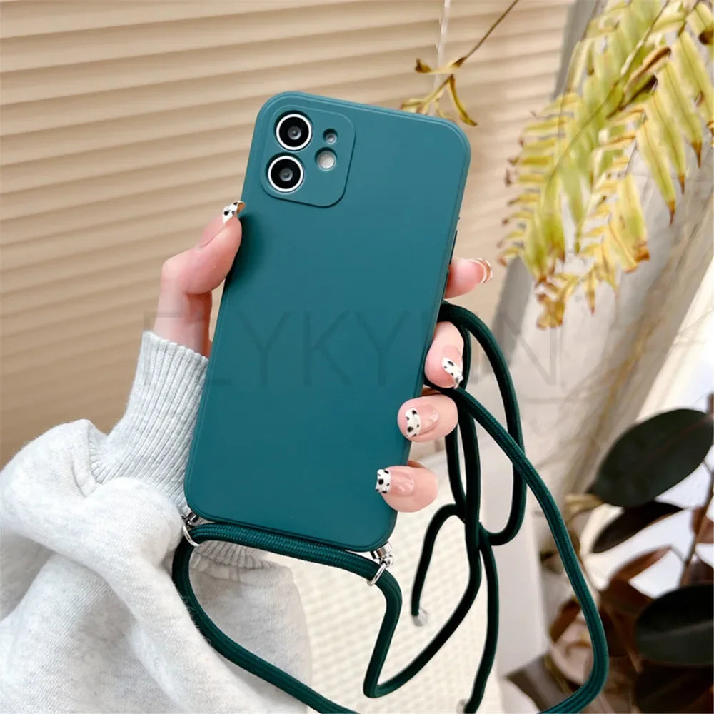 Crossbody Necklace Strap Lanyard Cord Phone Case For iPhone 13 12 MiNi 11 14 15 Pro X XR XS Max 6S 7 8 Plus Soft Silicone Cover