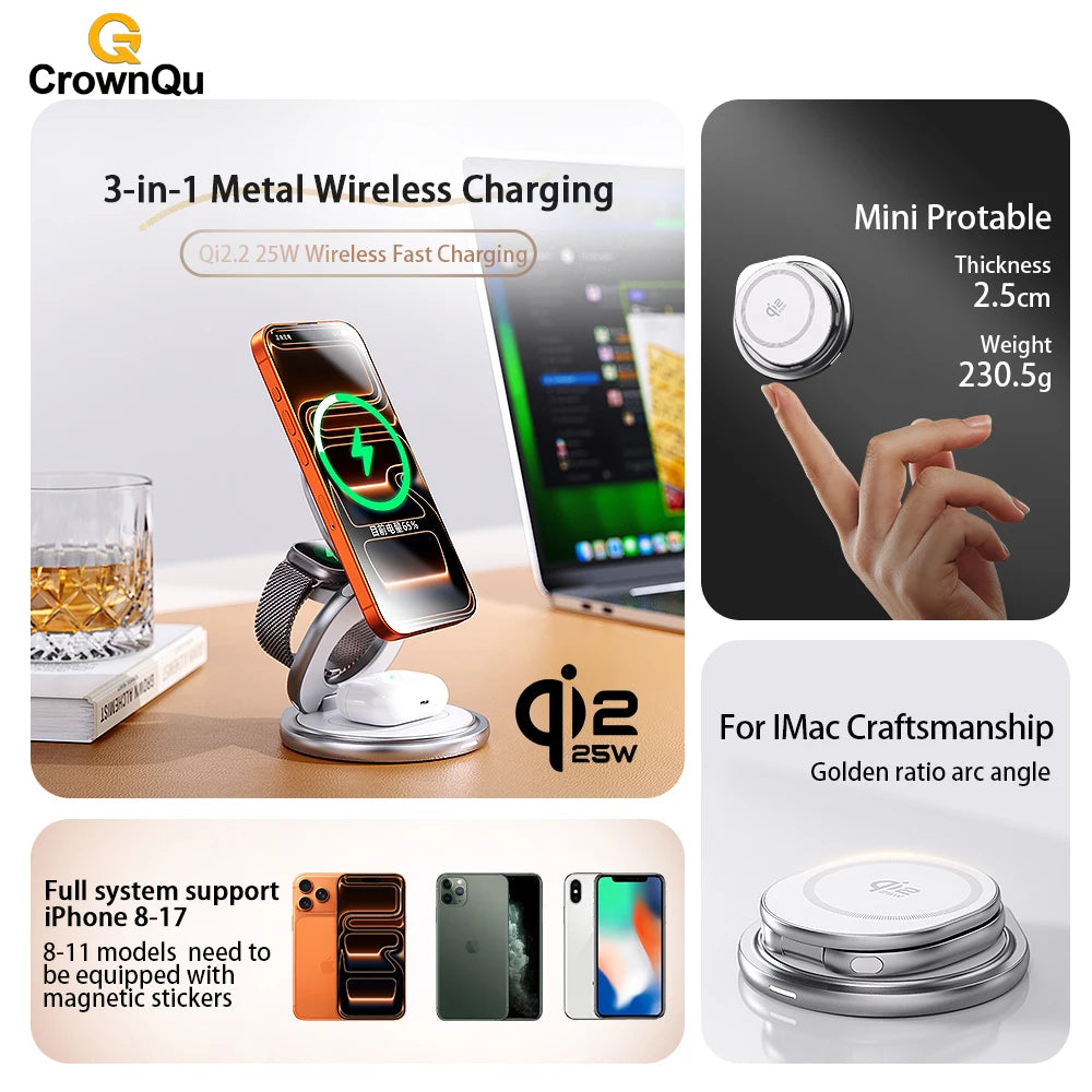 Qi2.2 25W Metal Wireless Charger Protable Fast Charging Station Stand 360° Rotation for iPhone 17 16 15 14 Pro Max Watch Airpods