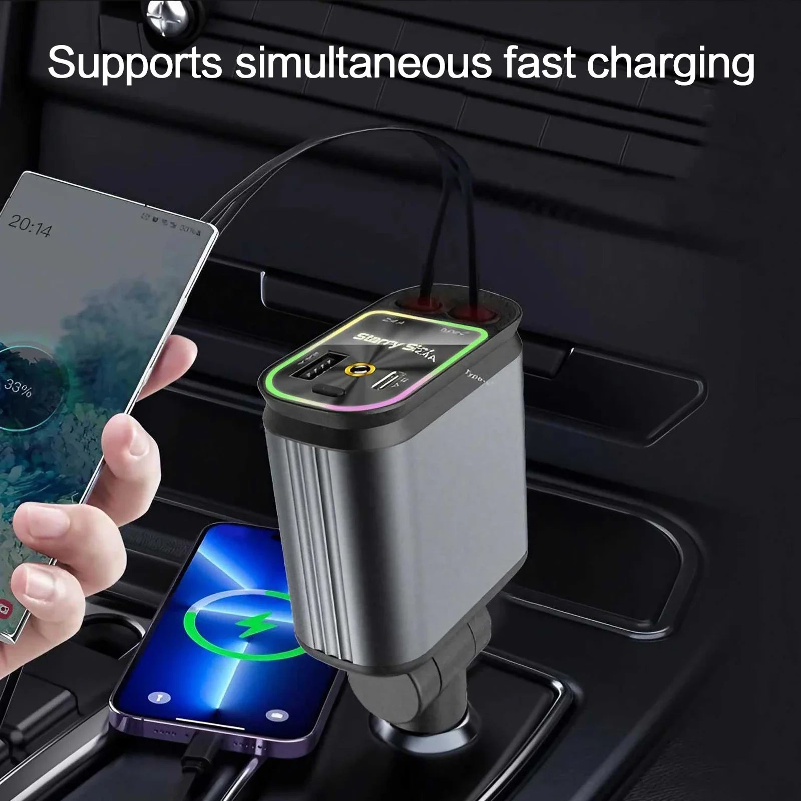4 in 1 Retractable Car Charger Fast Charging Car Charger  with USB Type-C Cable & 2 Type C Charging Ports, Universal Car Charger