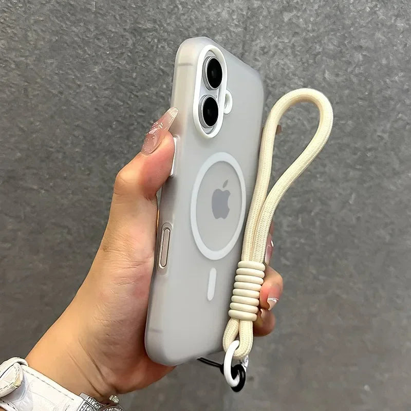 for Magsafe Candy Color Contrast Lanyard Case for iPhone 16 15 14 11 12 13 Pro Max Plus 16e Hand Wrist Strap Matte Soft Cover