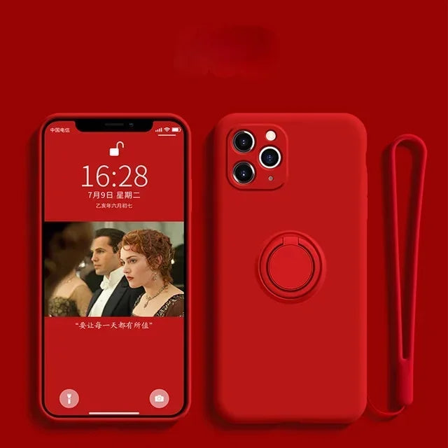 Liquid Silicone Ring Phone Holder Case For Samsung Galaxy S24 S23 Ultra S22 S21 FE S20 Plus Note 20 S25 Cover With Wrist Strap