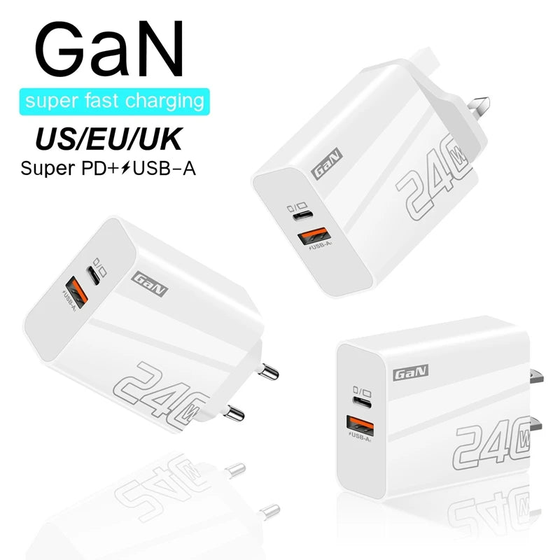 240W Fast Charger Double Ports USB Type-C Quick Charging Head QC3.0 Wall Charger Adapter EU/US/UK Plug For iPhone Samsung New